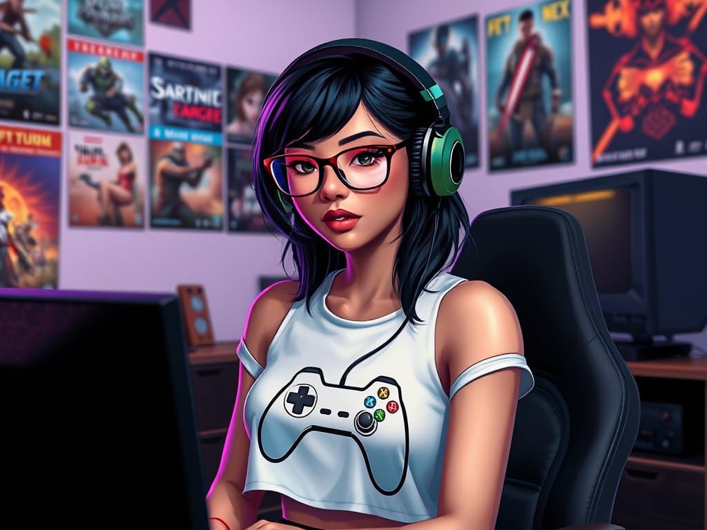 Gamer Girl Surrounded by Video Game Posters in a Cozy Bedroo...