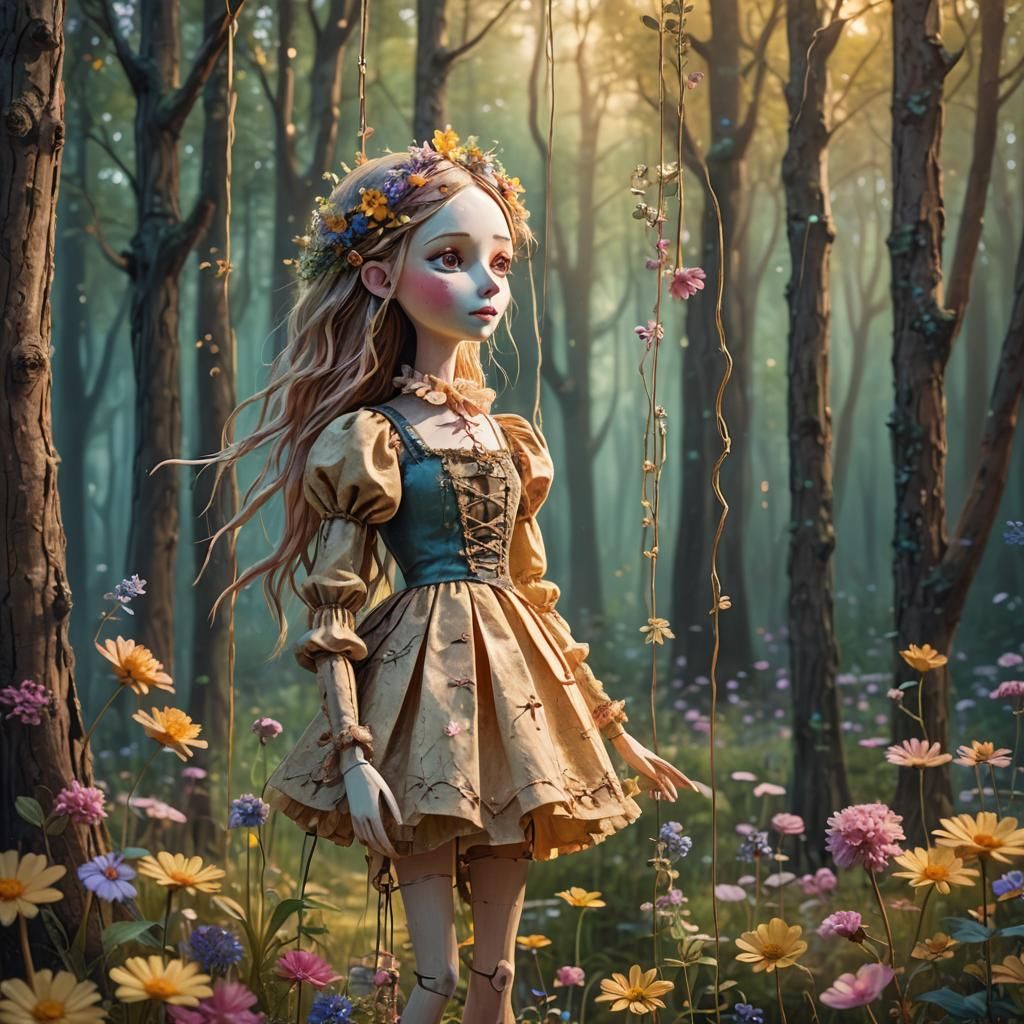Marionette Girl in Enchanted Forest Watercolor