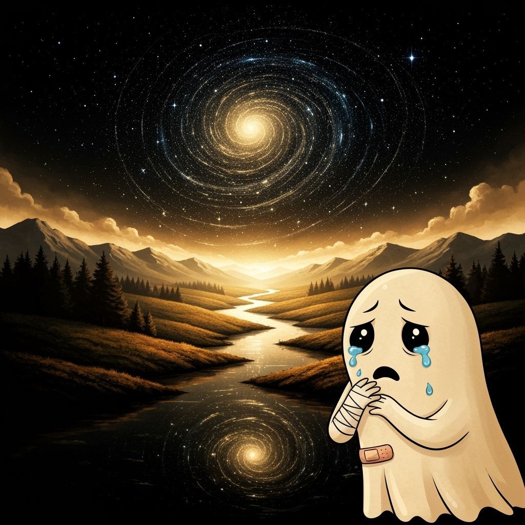 Starscape Landscape with Cartoon Ghost in Detailed Matte Pai...