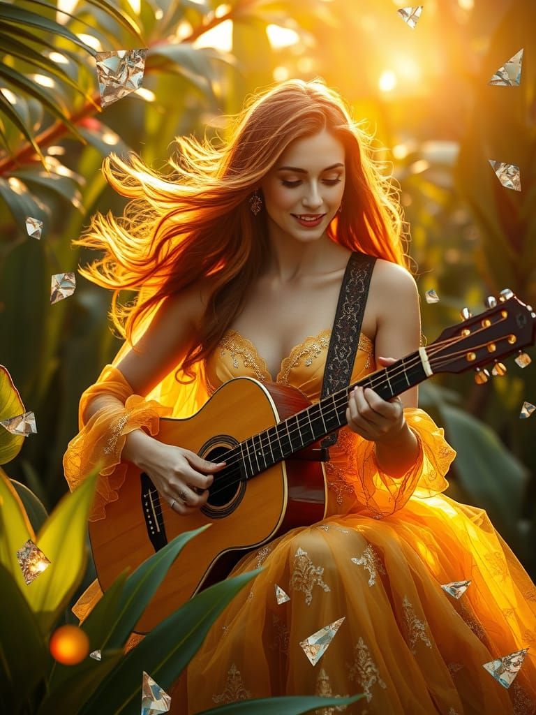 Woman Playing Guitar in Lush Jungle with Broken Mirror