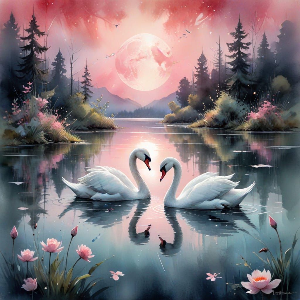 Dreamy Watercolor Moonlit Lake with Swans