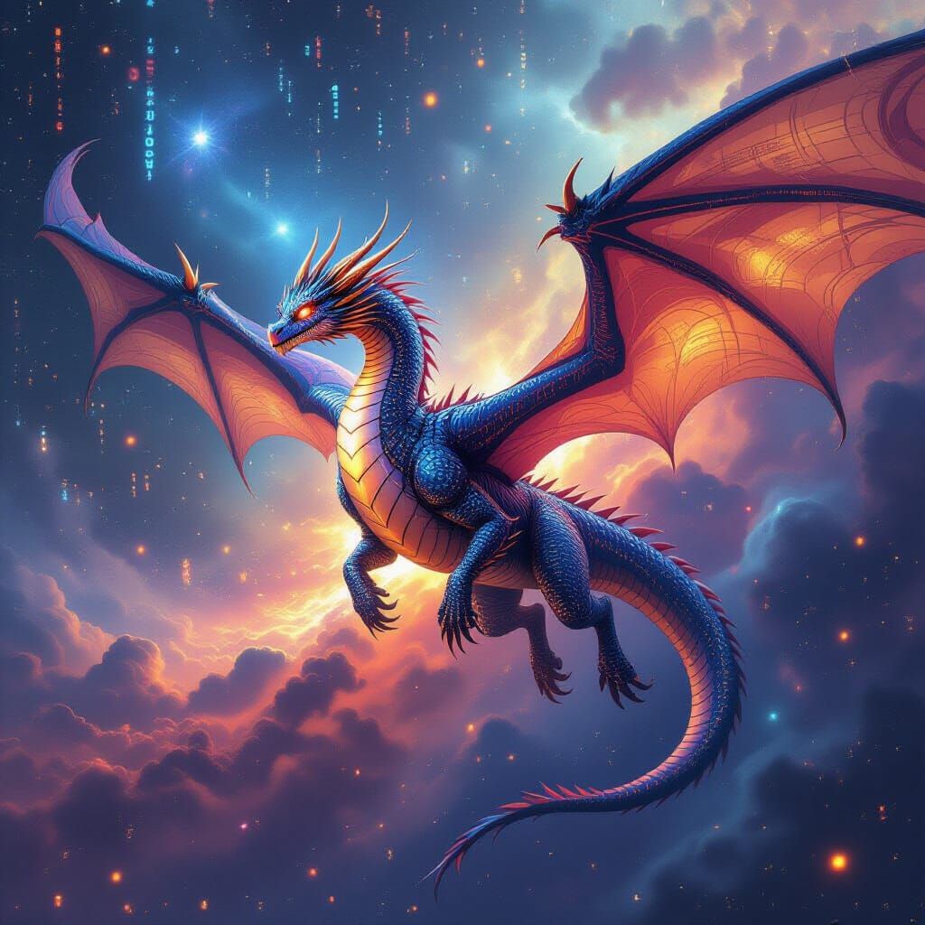 Majestic Dragon Soars Through Digital Nebula