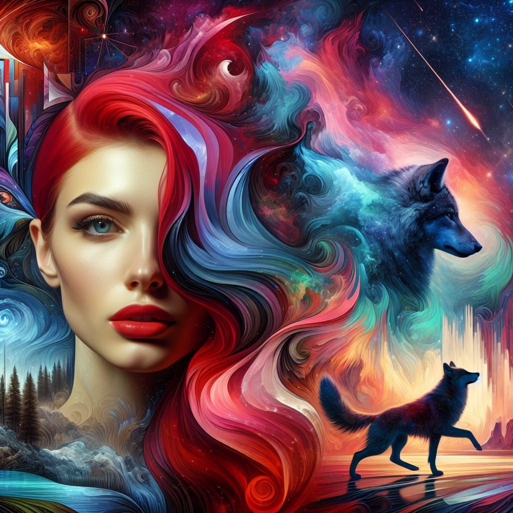 Surreal Redhead Portrait with Wolf Silhouette in Digital Col...