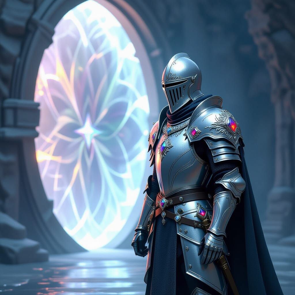 Knight Before Ethereal Portal in Radiant Silver Armor