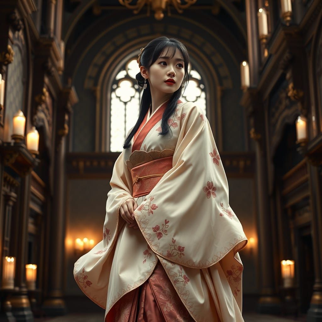 Enchanted Fairytale Princess in Elegant Kimono Gown