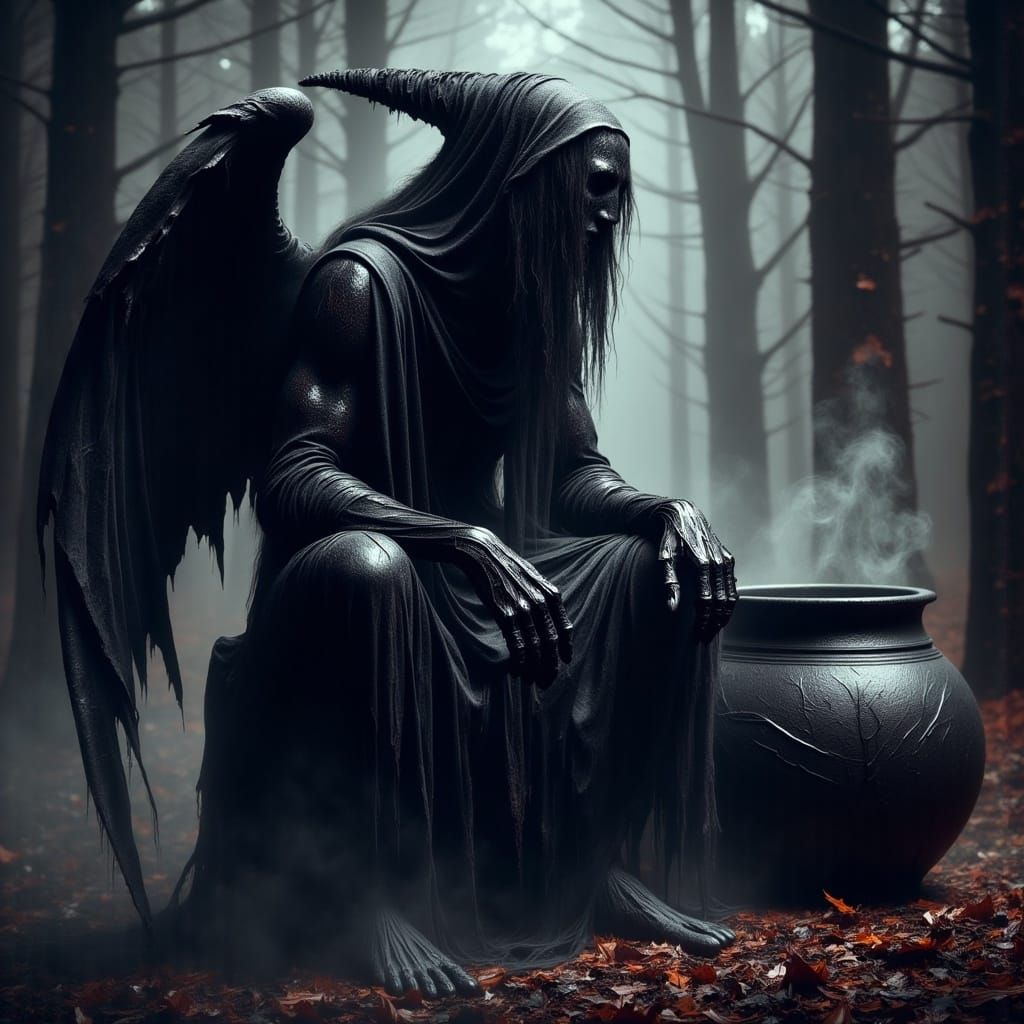 Dark Sorceress Meditating Beside a Cauldron in a Gothic Atmo...