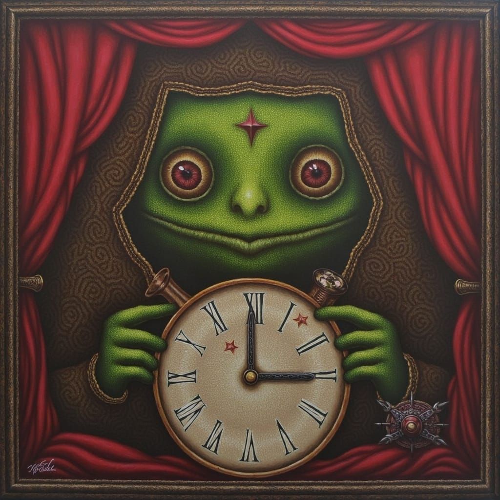Cute Creature Holding a Clock in Surreal Style