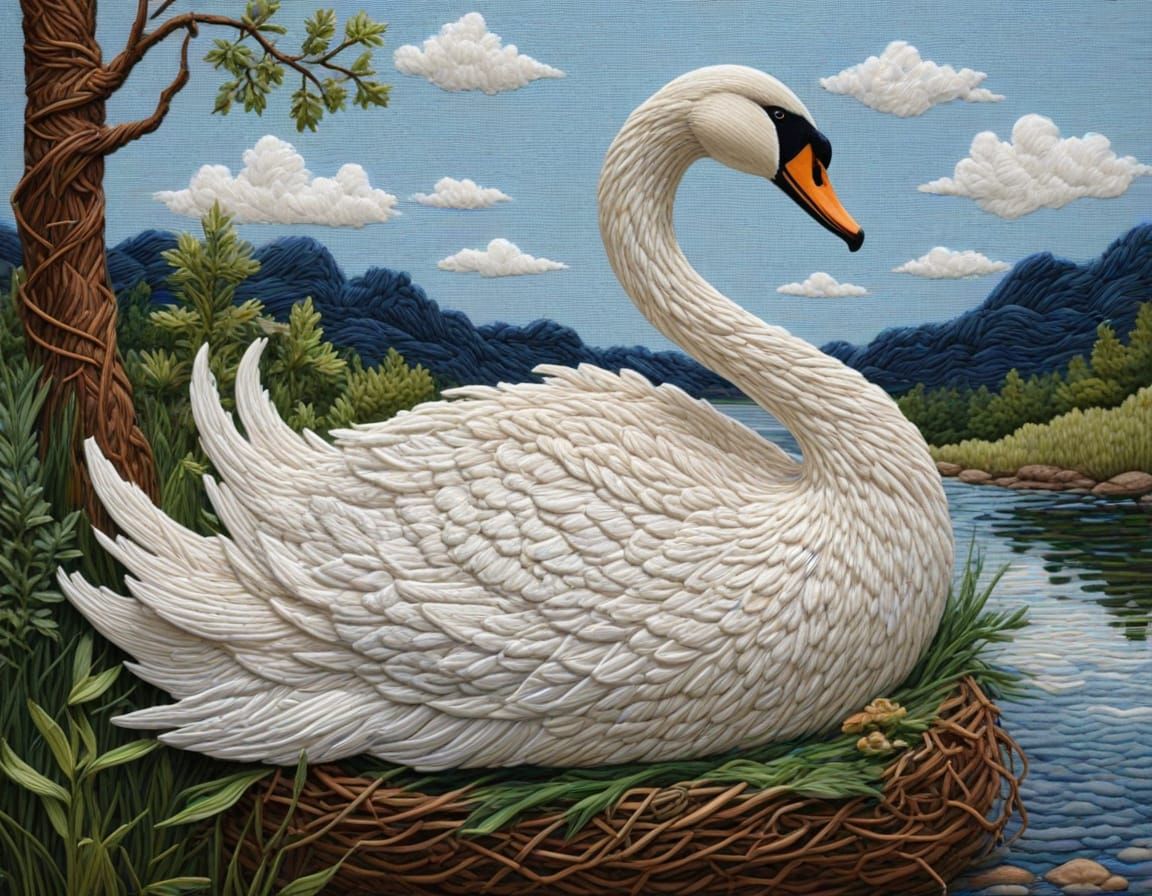 Embroidered Needlepoint Swan on Nest Tapestry