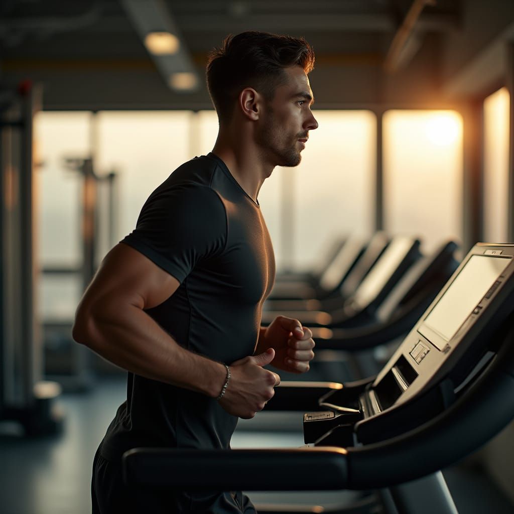 Athletic Man Running on Treadmill in Modern Gym