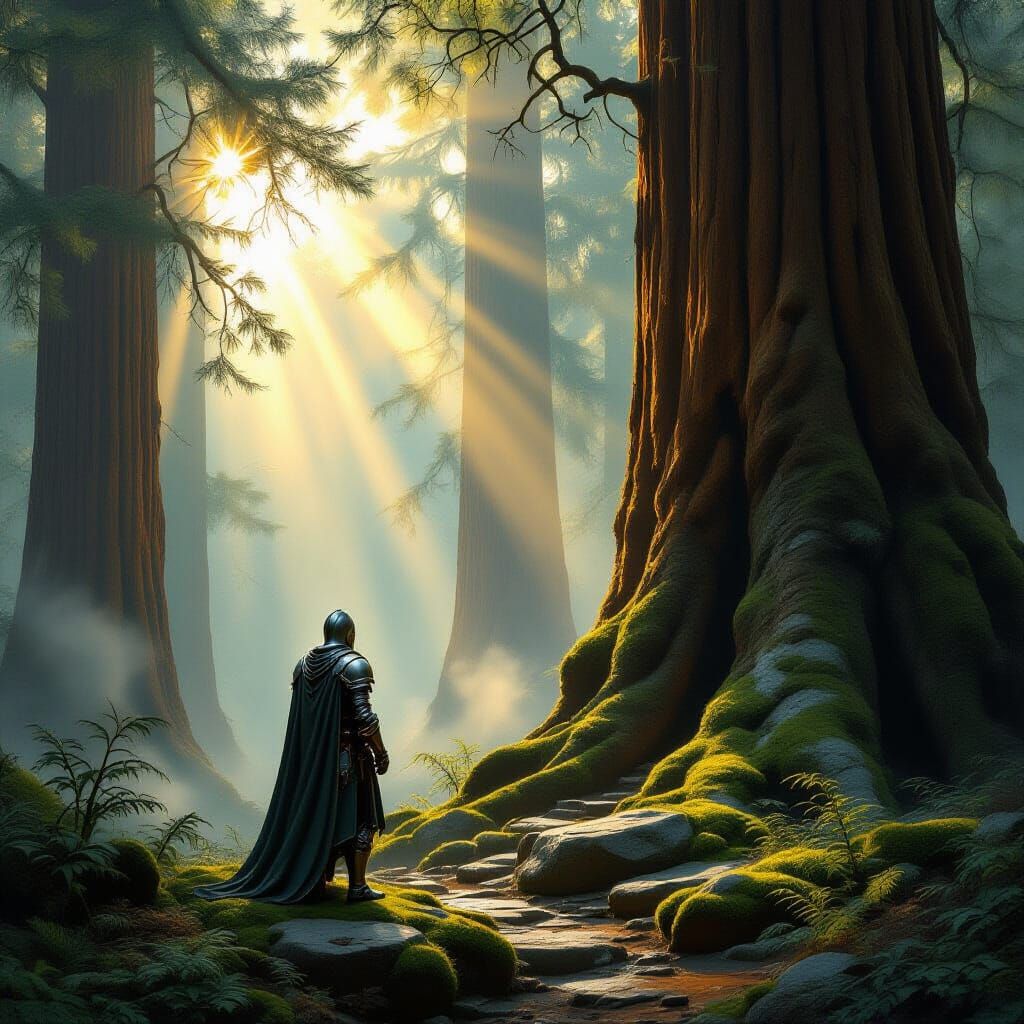 Ancient Redwood Forest at Dawn with Lone Knight