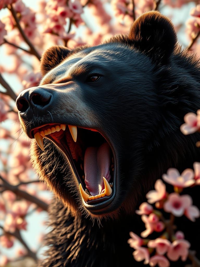 Majestic Black Bear in Vibrant Blossom Landscape