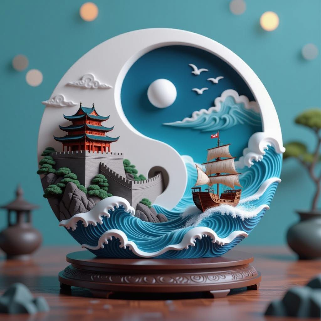 3D diorama style art Yin-Yang symbol