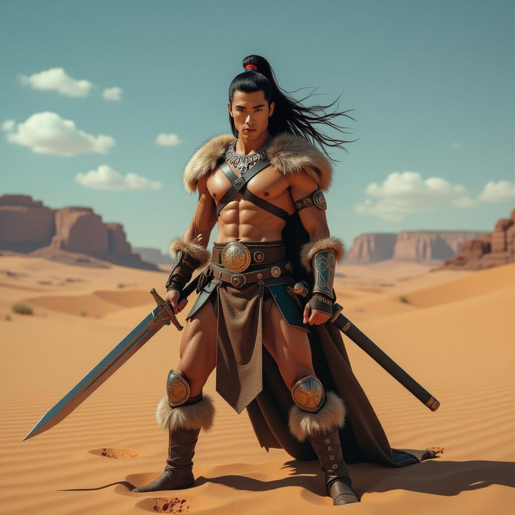 Heroic Conan Cosplayer in Desert Landscape