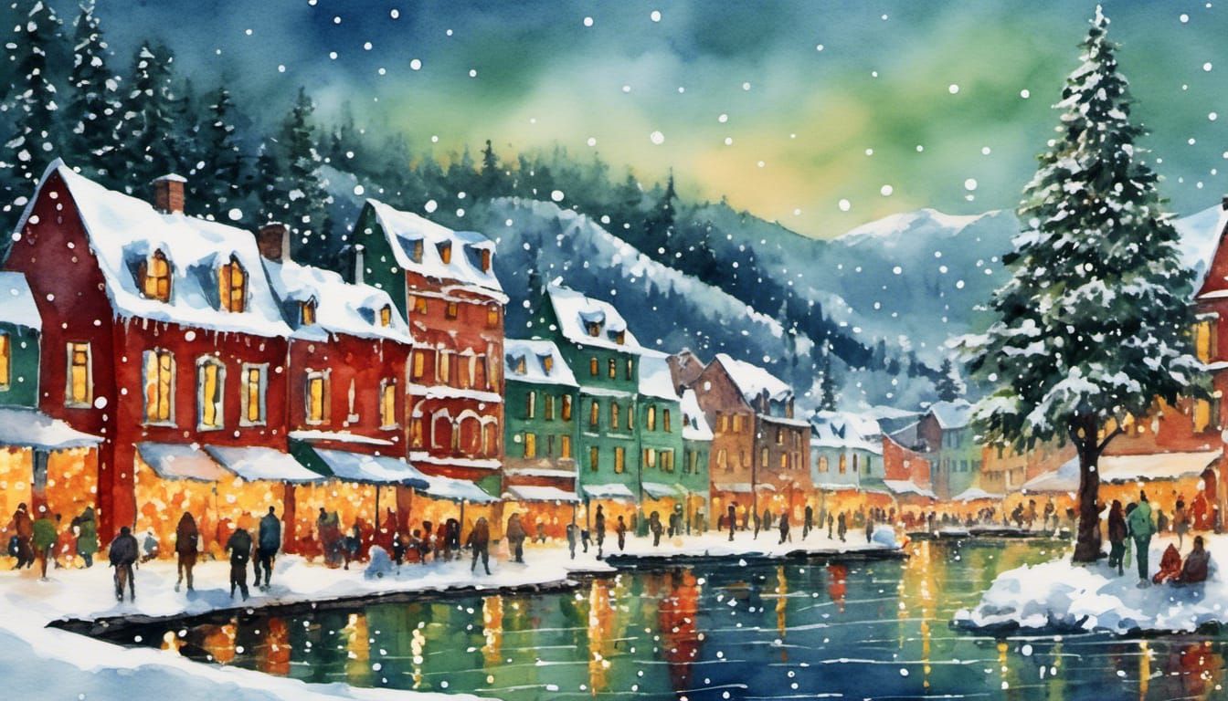 Christmas Town Portrait in Picasso Style Watercolor