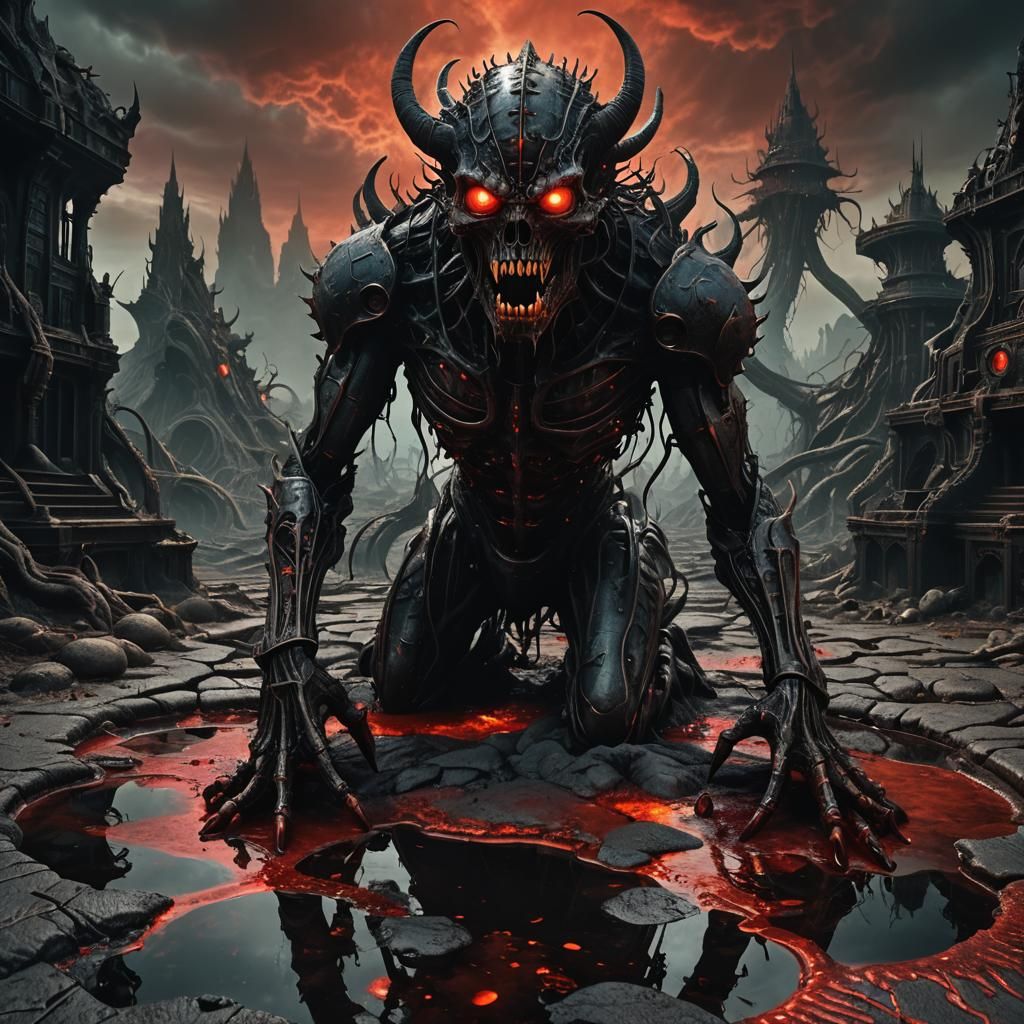 Surrealist Demon Pours Acid in Hellish Landscape