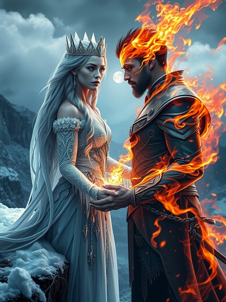 Ice Queen and Fire Prince Standoff on Frozen Cliff