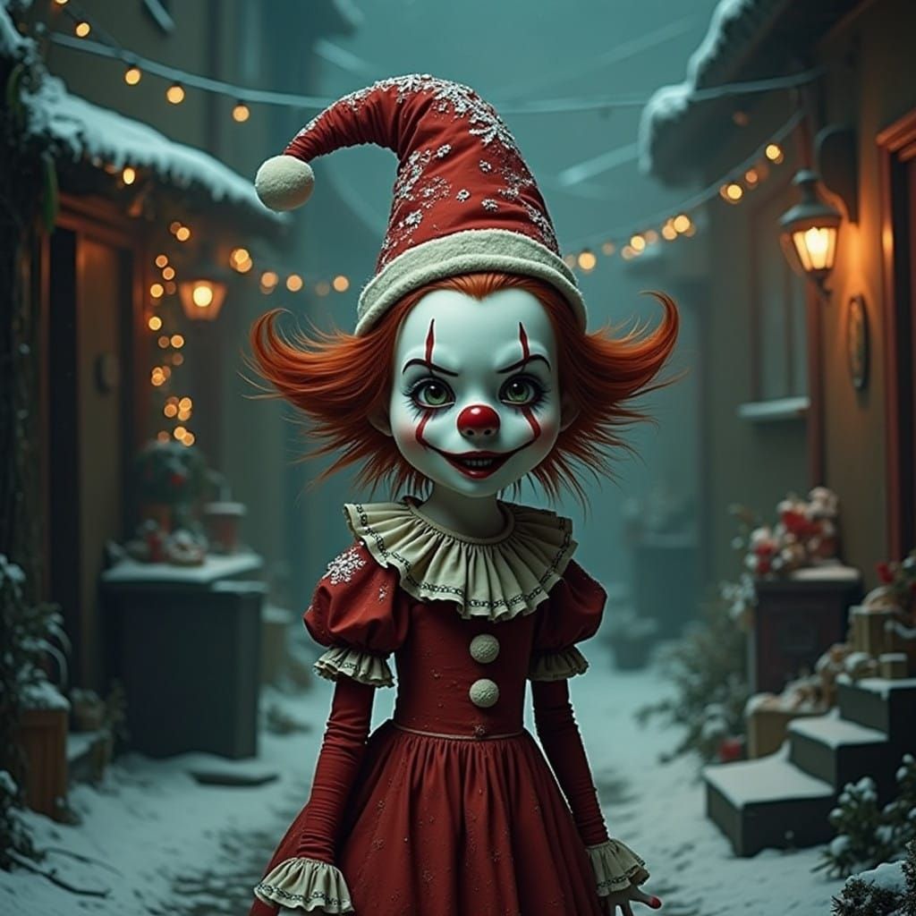 Menacing Christmas Clown Girl in Dark Alleyway