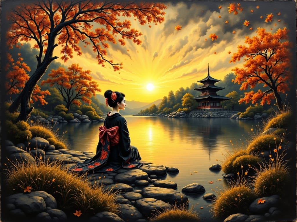 Geisha Watching Sunset in Zen Garden as Ink Watercolour Pain...