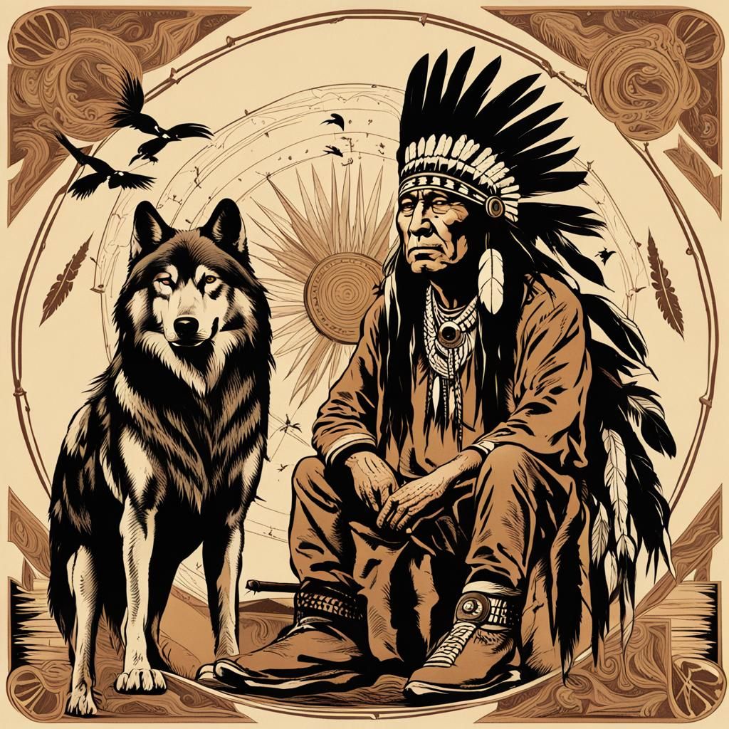 American Indian Chief with Wolf and Crow