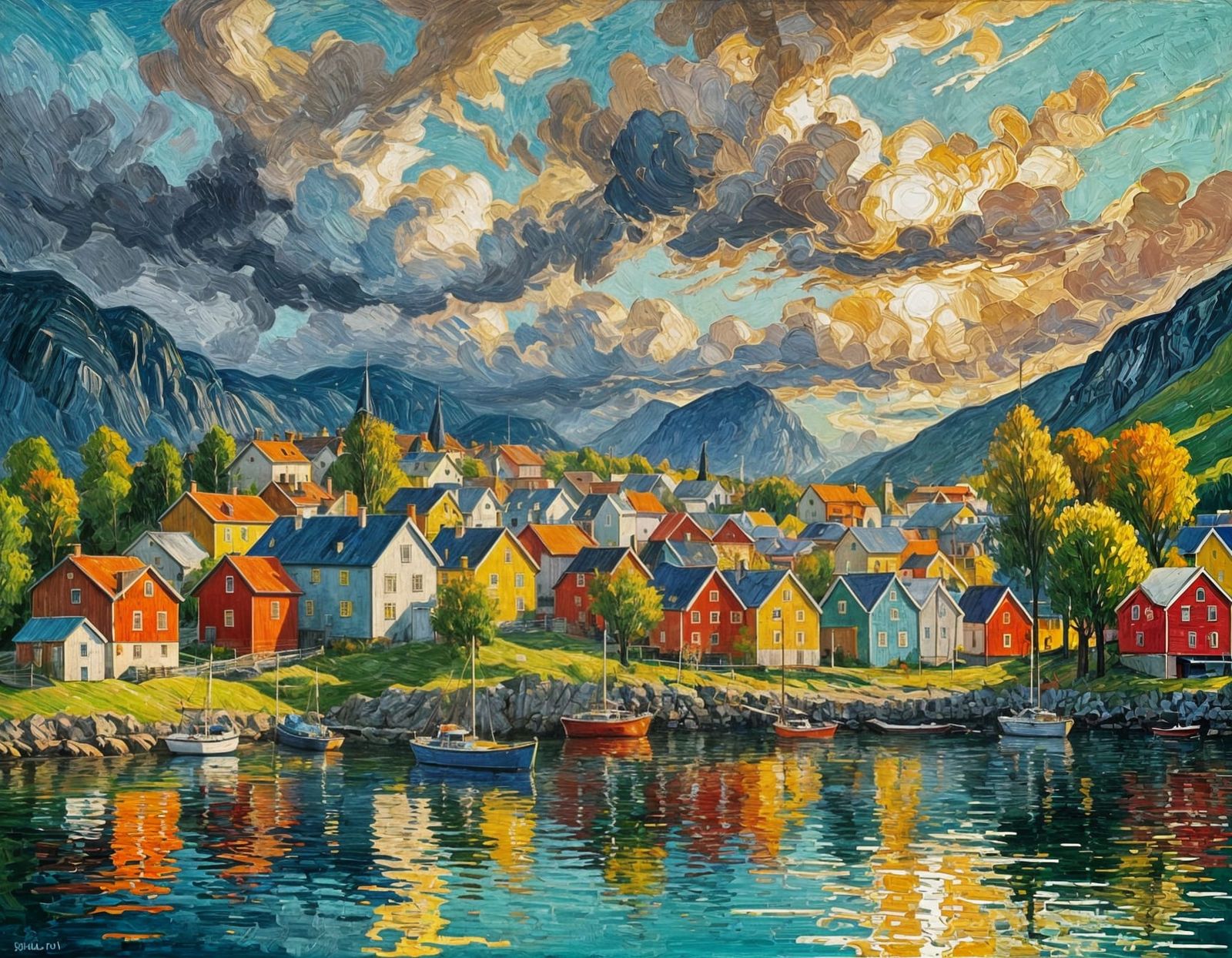 Fjord Village: Van Gogh-Style Impasto Oil Painting