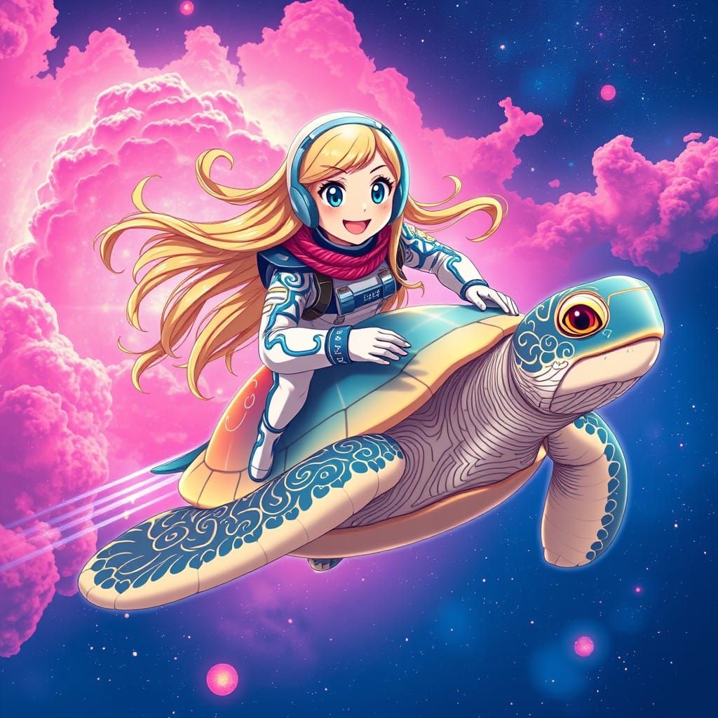 Blond Girl Rides Turtle Through Hawaiian Nebula in Space