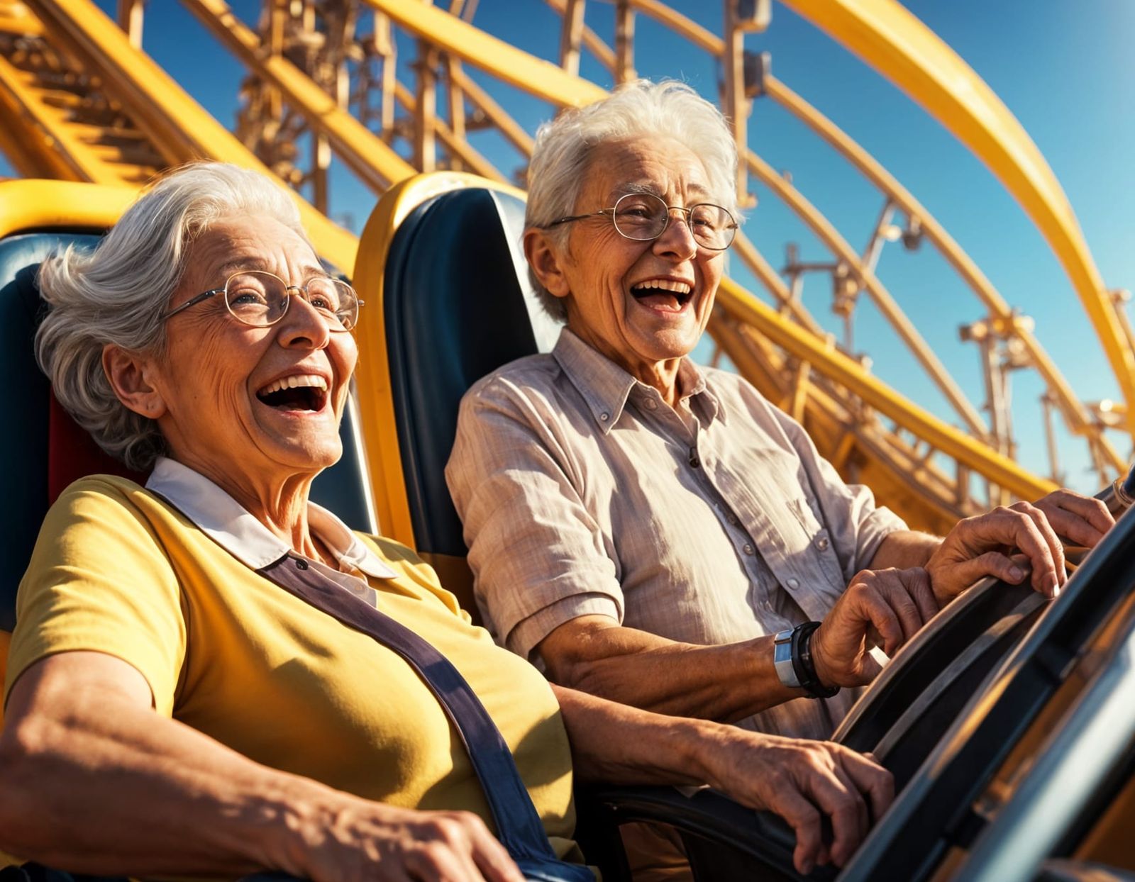 Elderly Couple's Joyful Rollercoaster Ride in Hyperrealism
