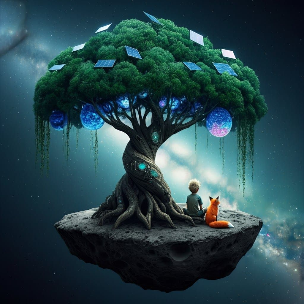 Cybernetic Tree on Asteroid with Boy and Fox