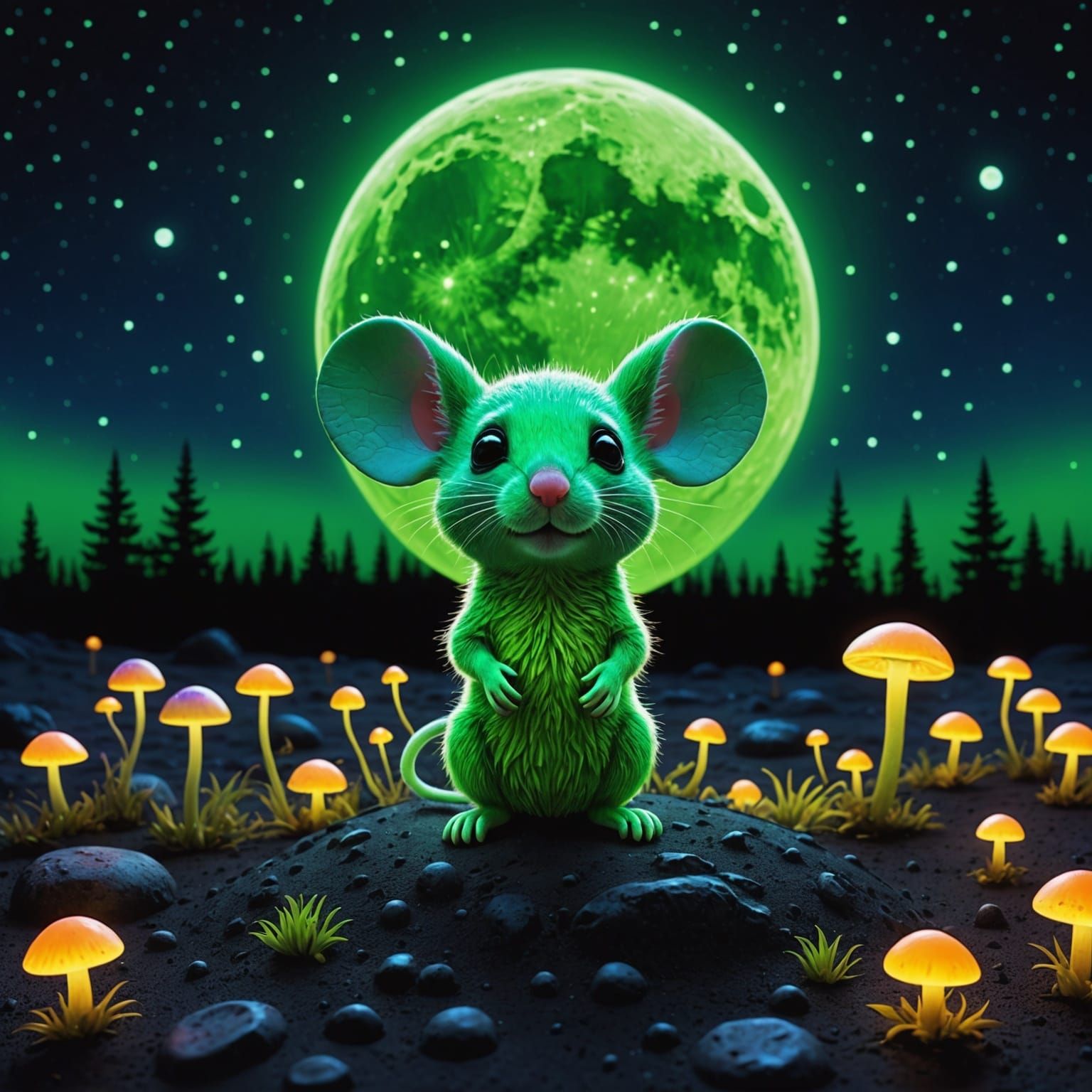 Neon Chibi Mouse on Bioluminescent Moon