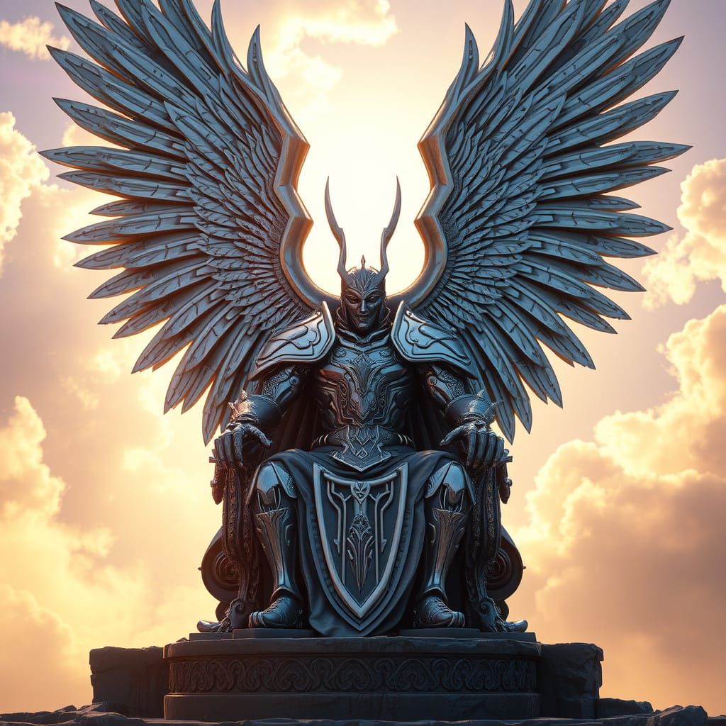 Majestic Metal Angel on Regal Rune Throne in Epic Fantasy St...