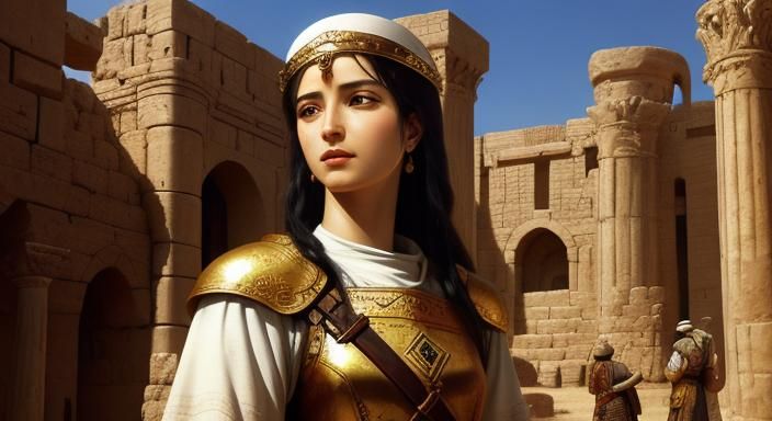 Biblical image close-up of Rahab looking out to the horizon,...