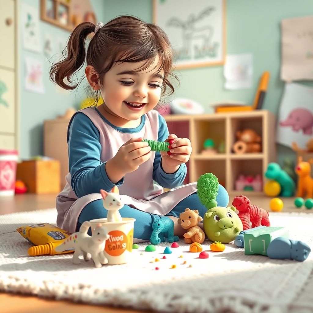 Joyful Girl Sculpting Playdough Animals in Cozy Room