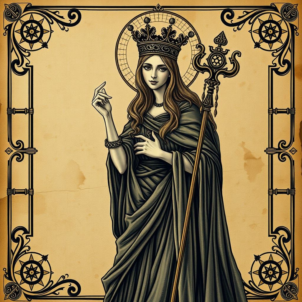 Medieval Queen Exudes Royal Authority in Ornate Engraving