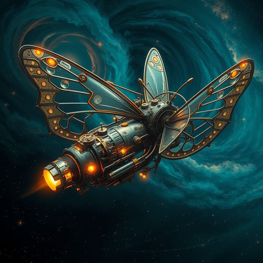 Cyberpunk Butterfly Spaceship Soaring Through Nebula