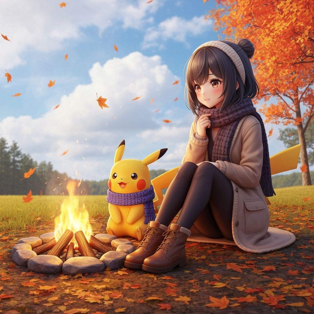 Cute Anime Girl with Pikachu by Campfire in Fall