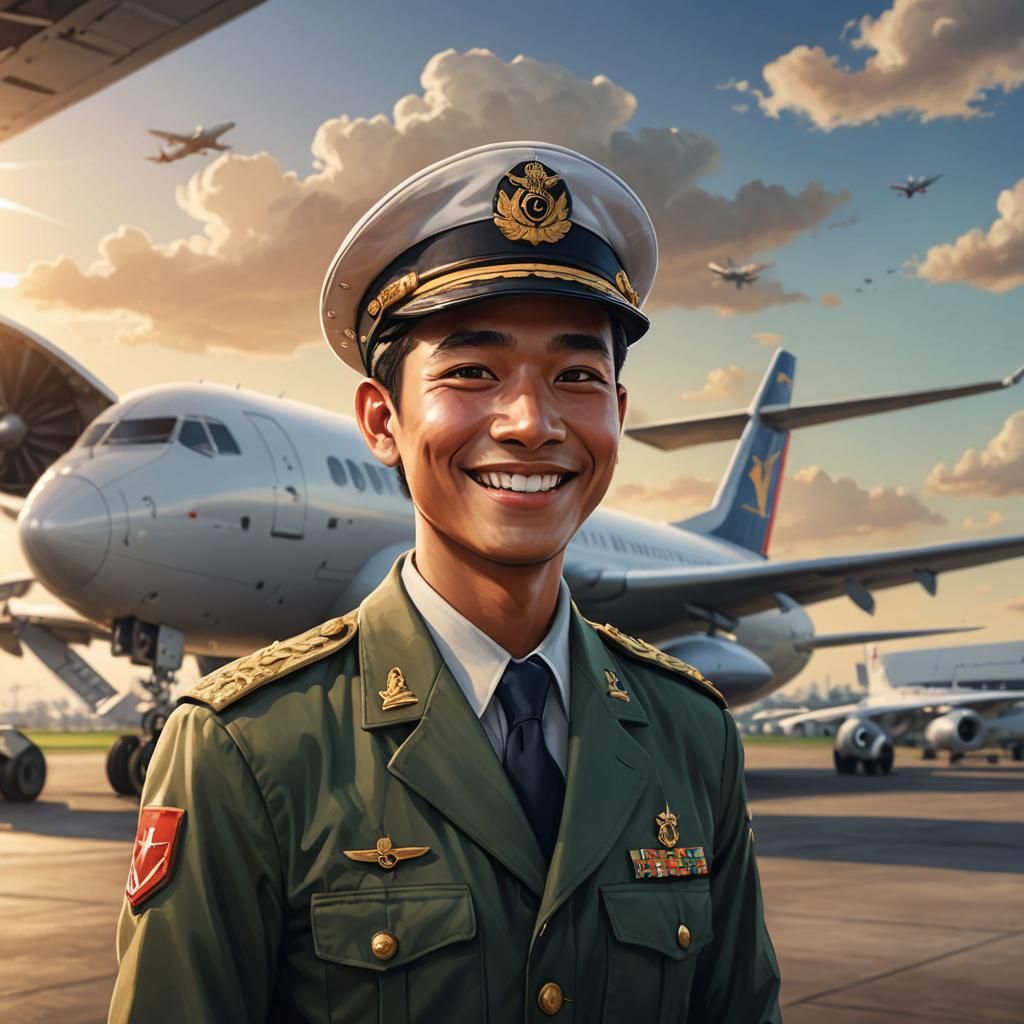 Indonesian Pilot Officer in Storybook Illustration Style