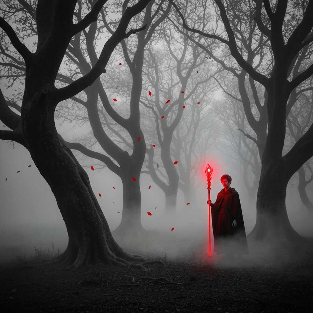 Ethereal Black and White Forest with Red Staff