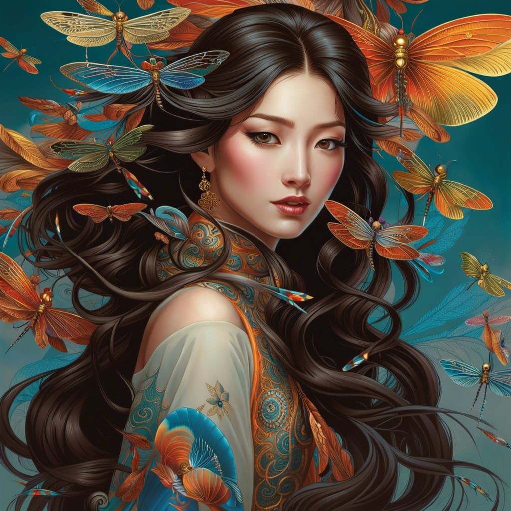 Intricate Chinese Woman with Dragonflies Art