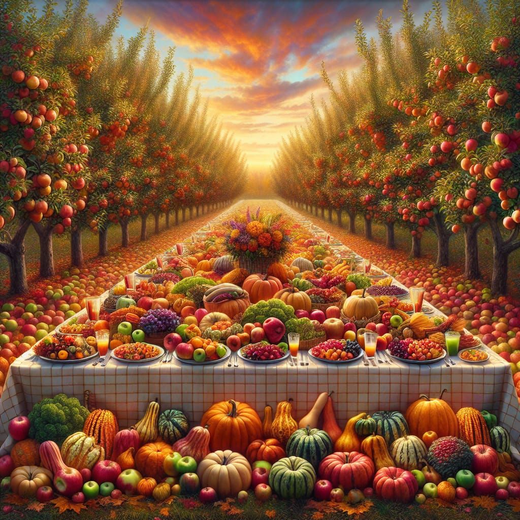 Abundant Autumn Harvest Banquet in Apple Orchard