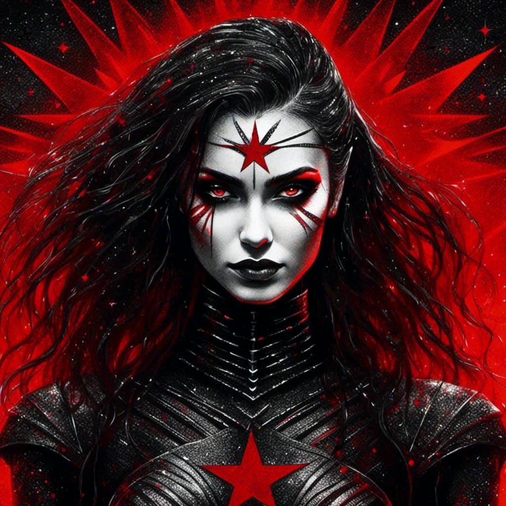 Futuristic Woman in Charcoal Armor Over Dark Planet