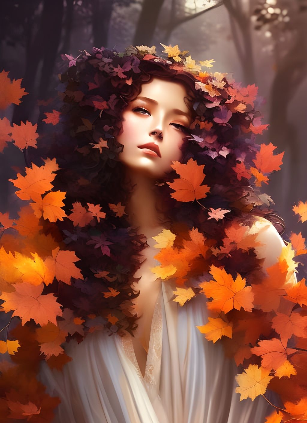 Autumn Goddess in Leaves: Anime Fantasy Art