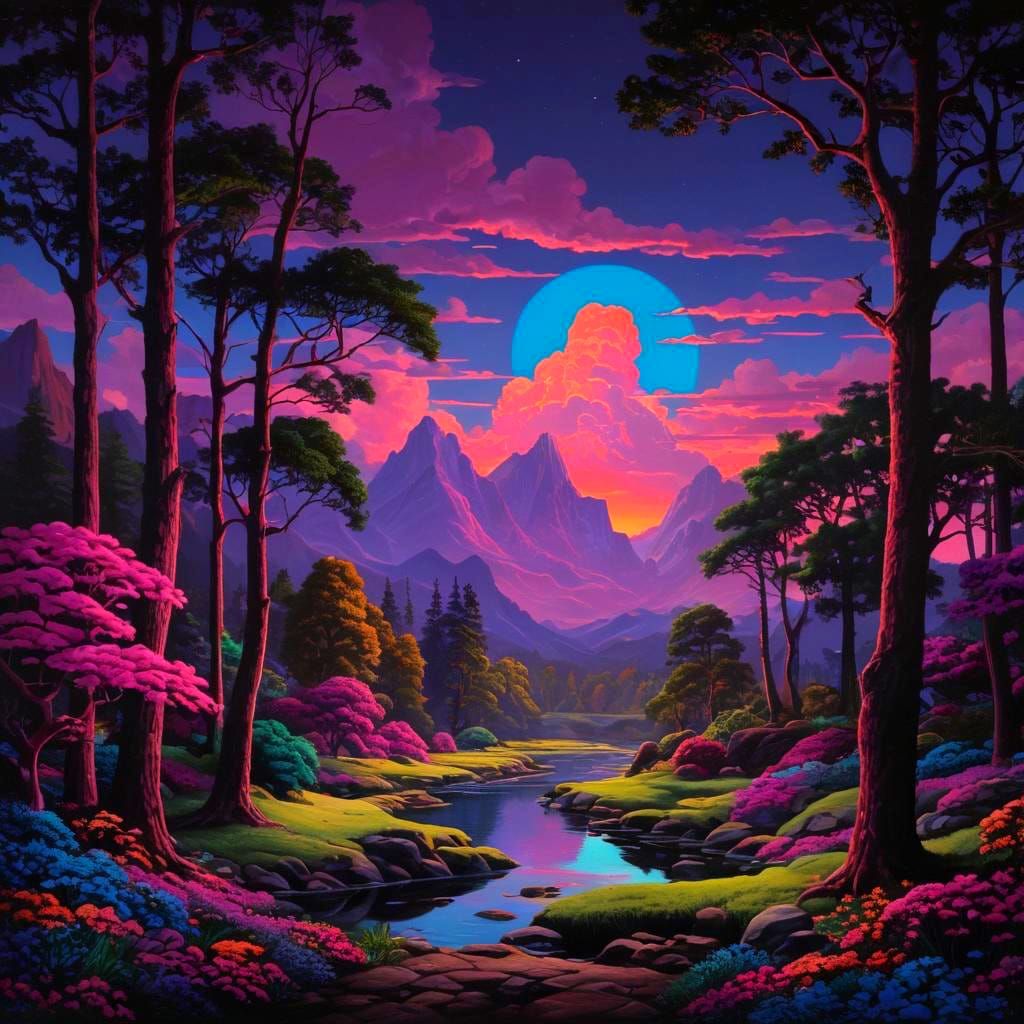 Neon Fantasy Landscape with Electric Colors