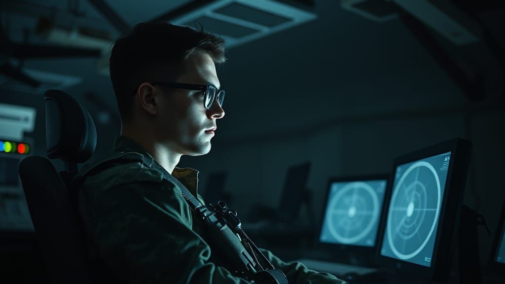 Young Soldier in Underground Airport Base Control Room