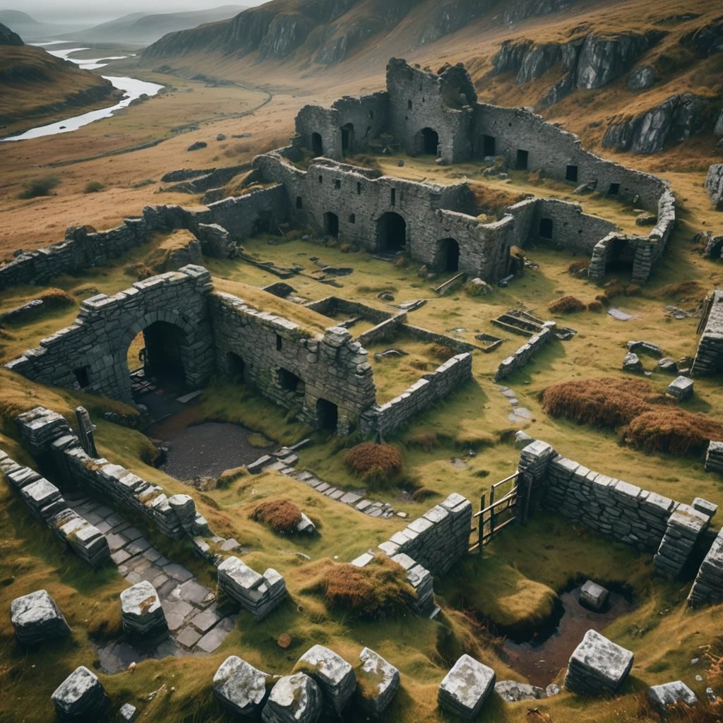 Eerie Abandoned Village Ruins in Misty Landscape