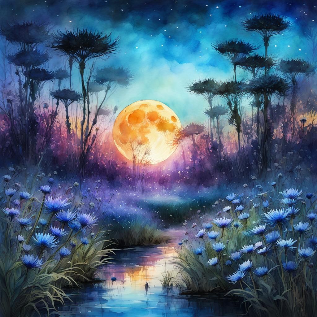 Bioluminescent Moon Over Cornflower Field: Watercolor Art