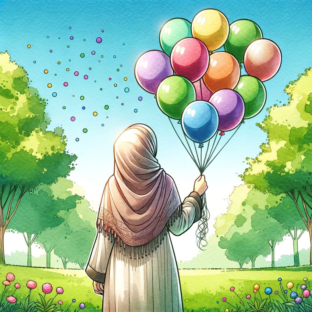 Muslim Woman with Balloons in Park Watercolor Style