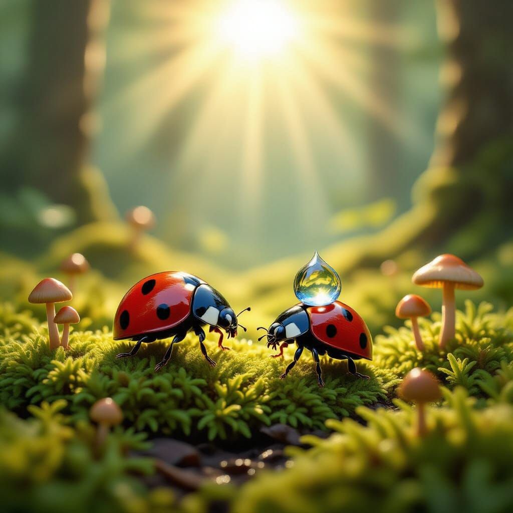 Ladybug Pushes Giant Dewdrop Through Mossy Forest