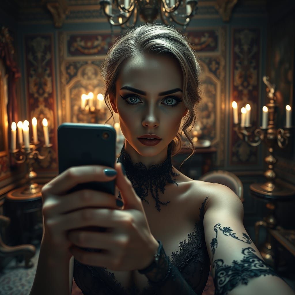 Elegant Woman in Frightened Selfie Pose