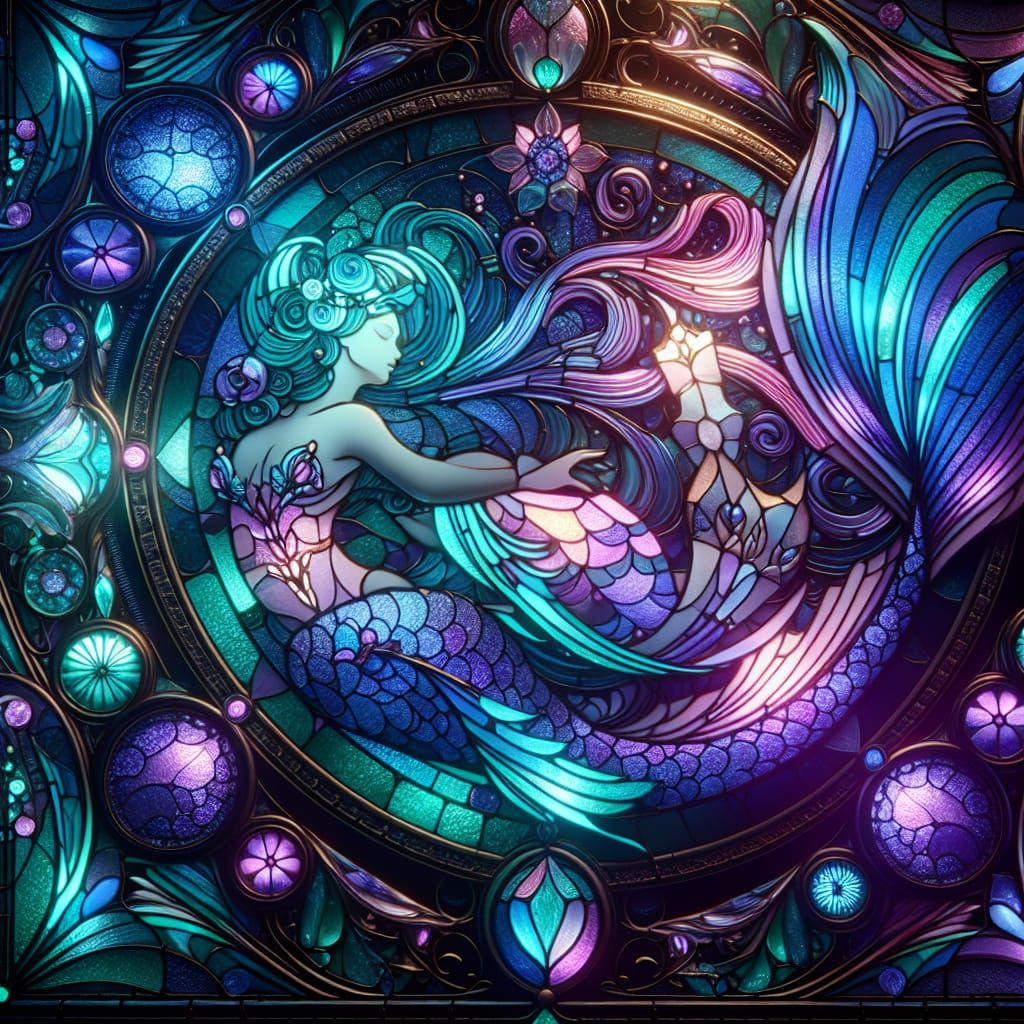Ethereal Stained Glass Mermaid in Art Deco Style