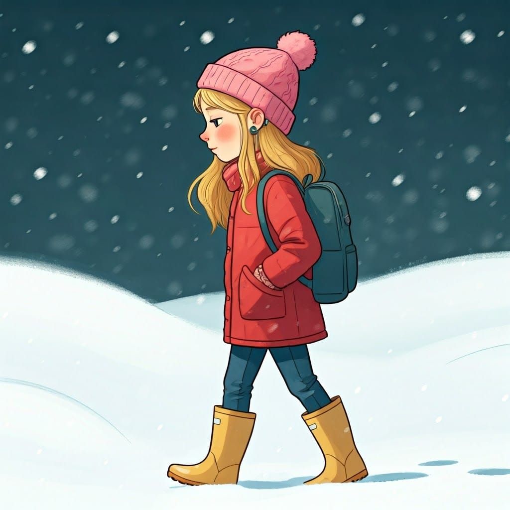 Girl Walks Home in Winter Snow, Illustrated Style