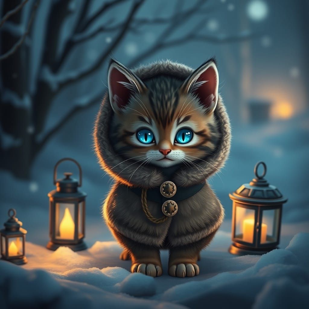 A whimsical kitten wearing a cozy fur-lined coat stands in a...